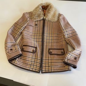 Tory Burch tweed zip up jacket with detachable fur collar.